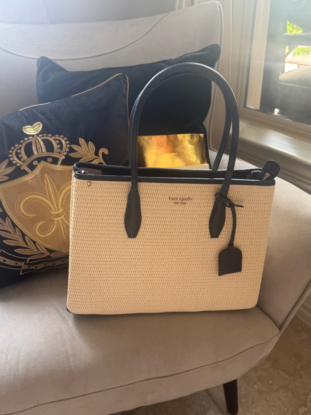 kate spade Cream Straw Tote with Black Leather Handles and Trim